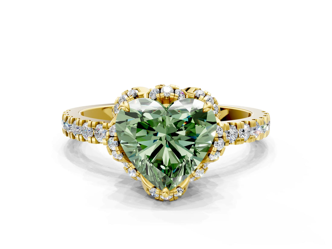 Yellow gold Fancy Green Heart Cut Diamond Halo Pave Band with Four-Prong Setting_3