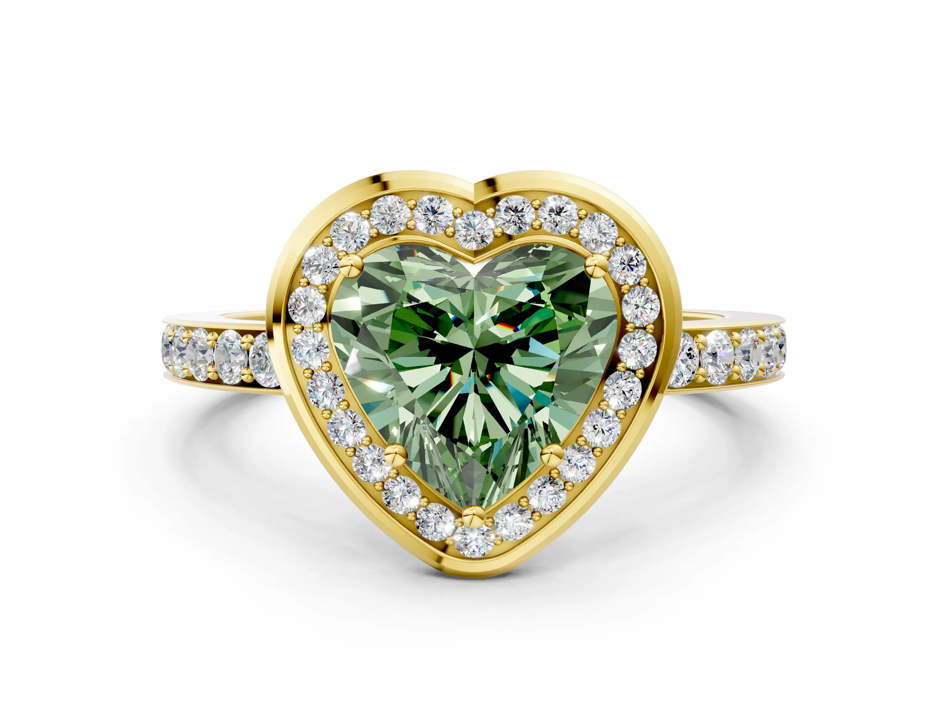 Yellow gold Fancy Green Heart Cut Diamond Halo Ring with Bezel Frame and Pavé Band