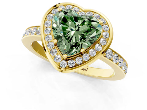 Yellow gold Fancy Green Heart Cut Diamond Halo Ring with Bezel Frame and Pavé Band_1