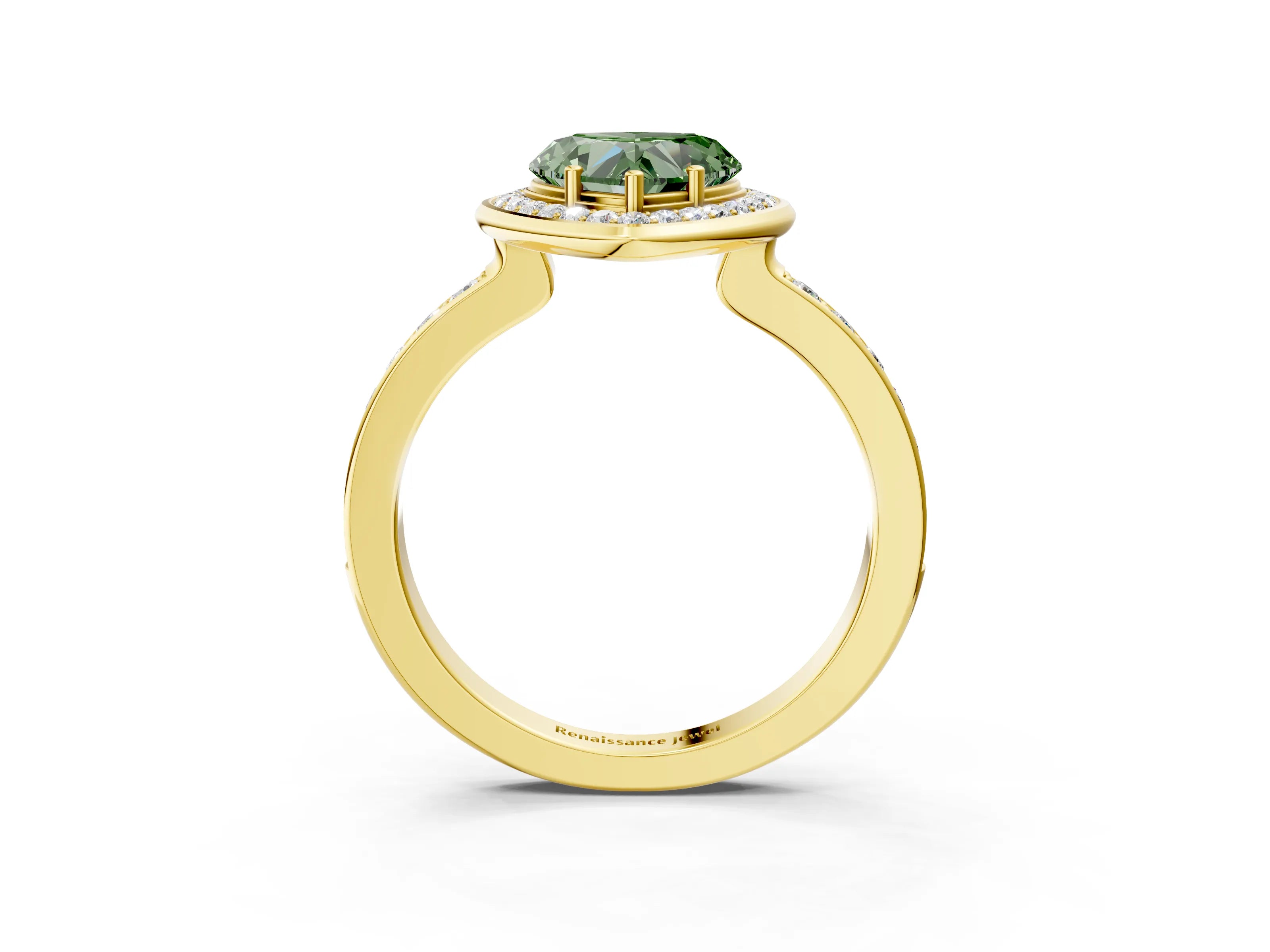 Yellow gold Fancy Green Heart Cut Diamond Halo Ring with Bezel Frame and Pavé Band_3