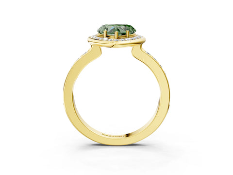 Yellow gold Fancy Green Heart Cut Diamond Halo Ring with Bezel Frame and Pavé Band_3