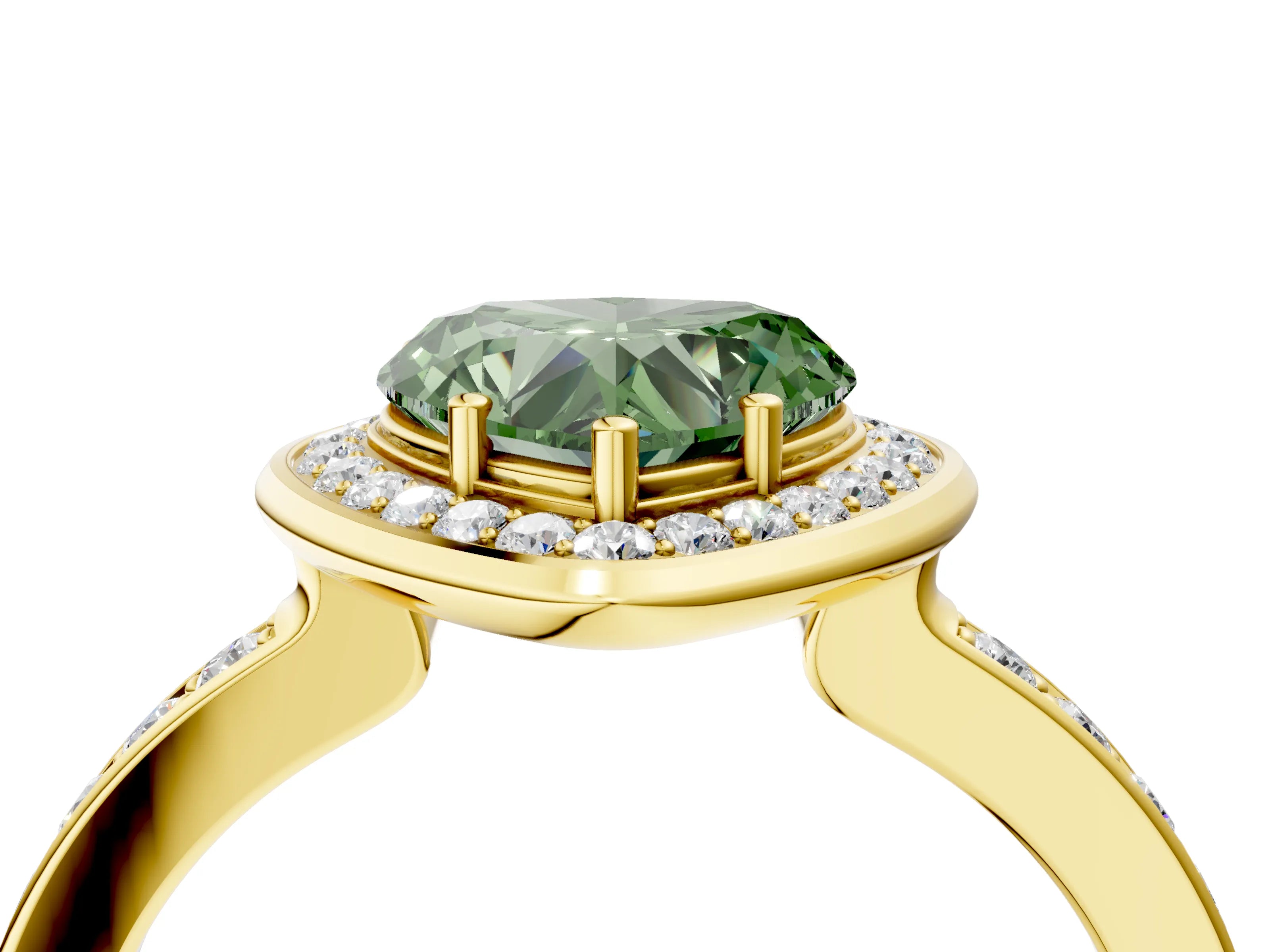 Yellow gold Fancy Green Heart Cut Diamond Halo Ring with Bezel Frame and Pavé Band_4