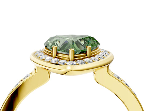 Yellow gold Fancy Green Heart Cut Diamond Halo Ring with Bezel Frame and Pavé Band_4