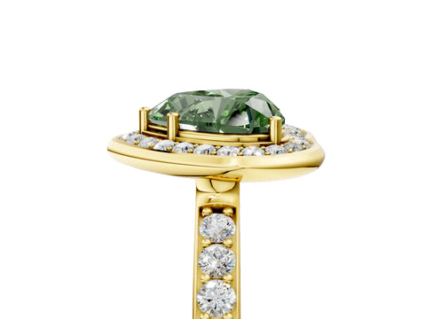 Yellow gold Fancy Green Heart Cut Diamond Halo Ring with Bezel Frame and Pavé Band_5