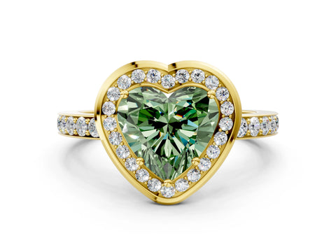 Yellow gold Fancy Green Heart Cut Diamond Halo Ring with Bezel Frame and Pavé Band