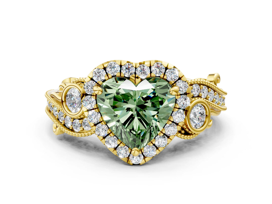 Yellow gold Fancy Green Heart Cut Diamond Halo Ring with Milgrain Pavé Band and Four-Prong Setting_17