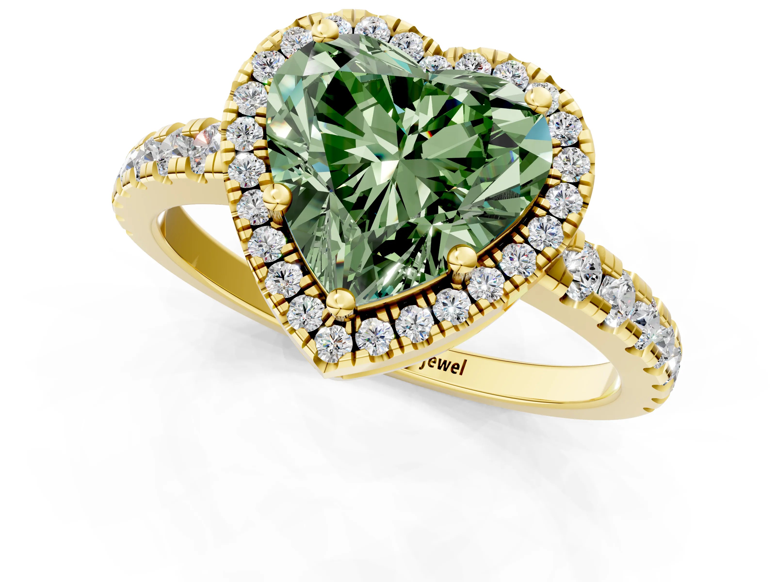 Yellow gold Fancy Green Heart Cut Diamond Halo Ring with Pavé Band and Four-Prong Setting_1