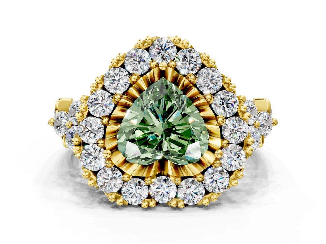Yellow gold Fancy Green Heart Cut Diamond Halo Ring with Pavé Band and Four-Prong Setting_18