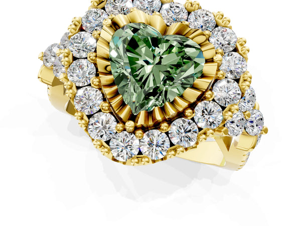 Yellow gold Fancy Green Heart Cut Diamond Halo Ring with Pavé Band and Four-Prong Setting