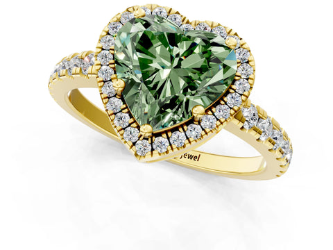 Yellow gold Fancy Green Heart Cut Diamond Halo Ring with Pavé Band and Four-Prong Setting_1