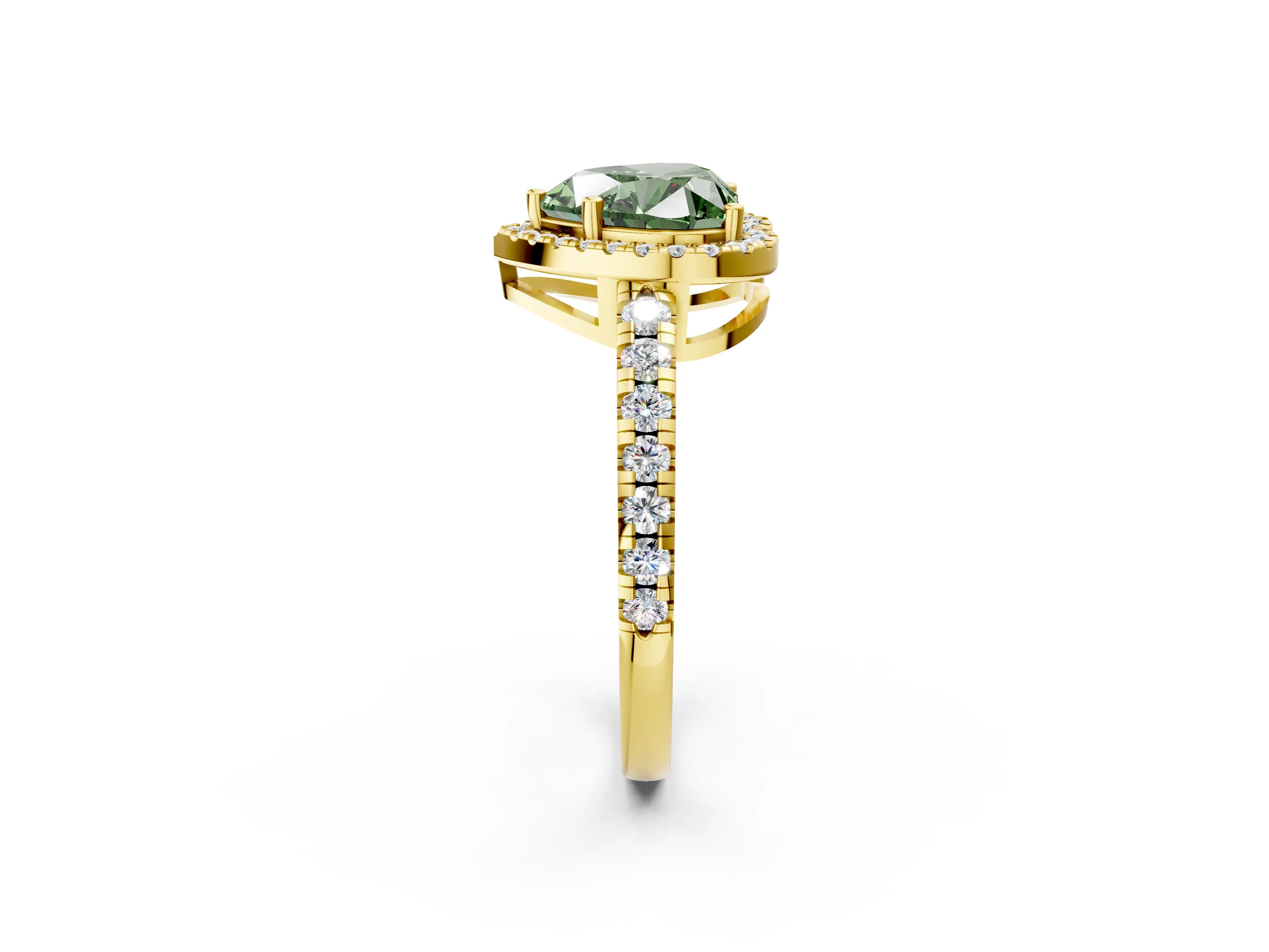Yellow gold Fancy Green Heart Cut Diamond Halo Ring with Pavé Band and Four-Prong Setting_2