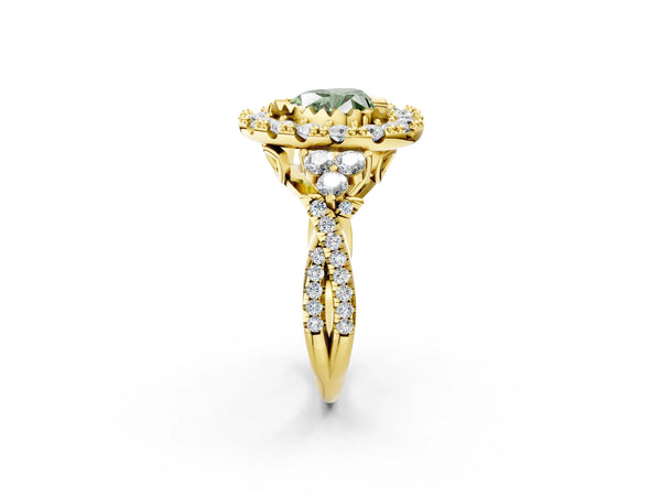 Yellow gold Fancy Green Heart Cut Diamond Halo Ring with Pavé Band and Four-Prong Setting