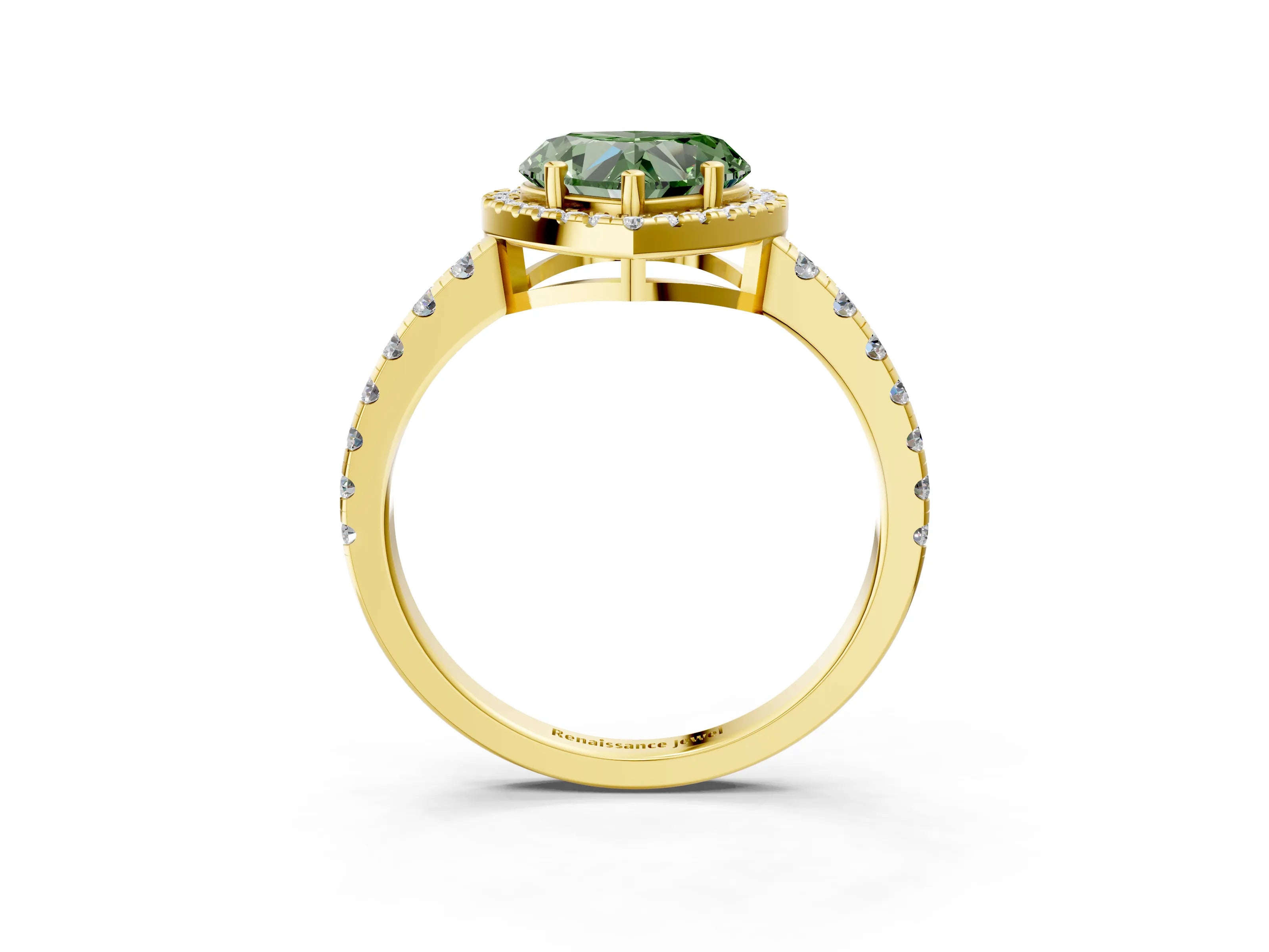 Yellow gold Fancy Green Heart Cut Diamond Halo Ring with Pavé Band and Four-Prong Setting_3