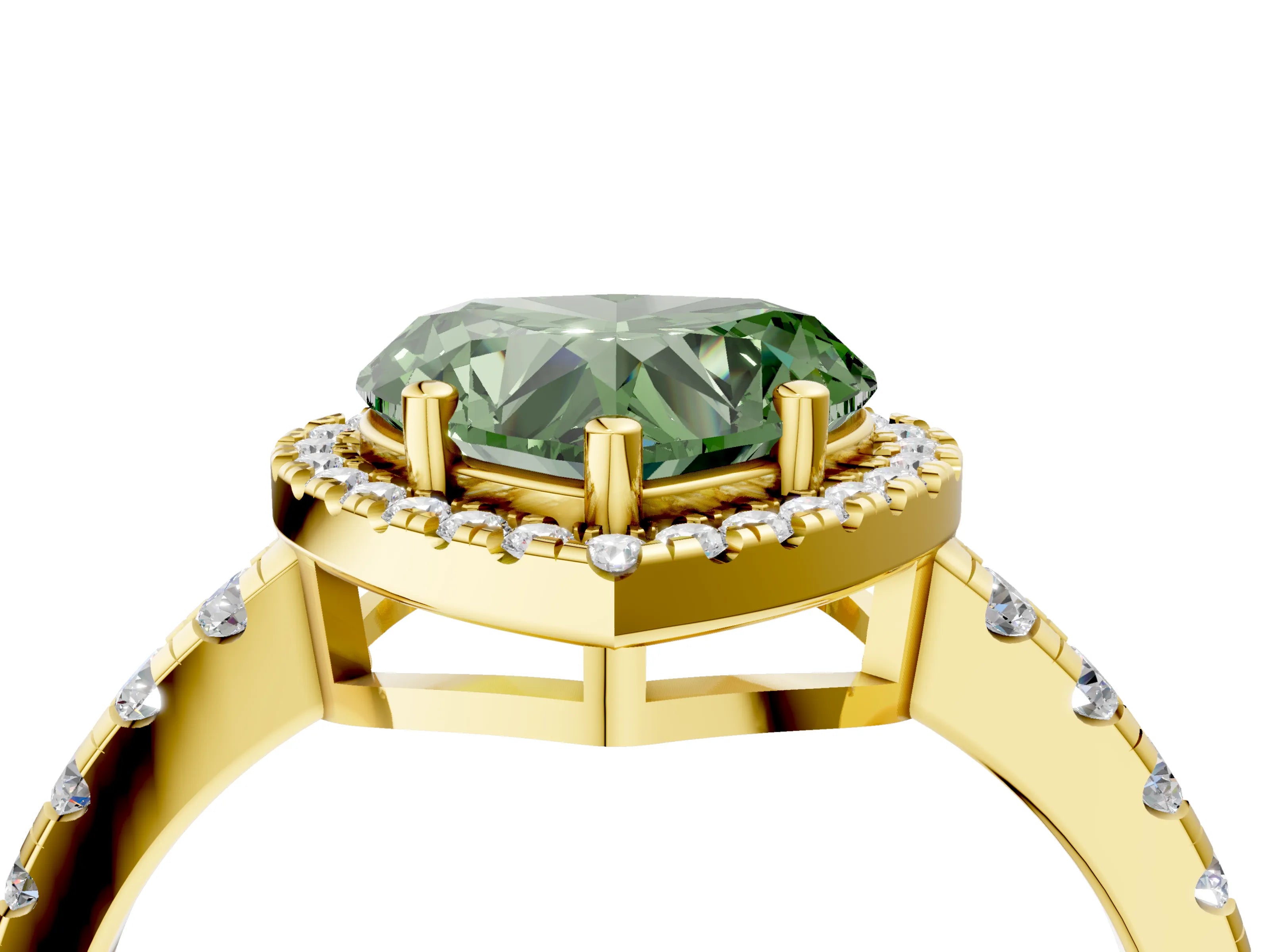 Yellow gold Fancy Green Heart Cut Diamond Halo Ring with Pavé Band and Four-Prong Setting_4