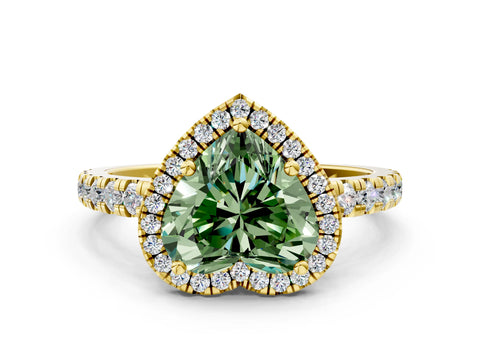 Yellow gold Fancy Green Heart Cut Diamond Halo Ring with Pavé Band and Four-Prong Setting