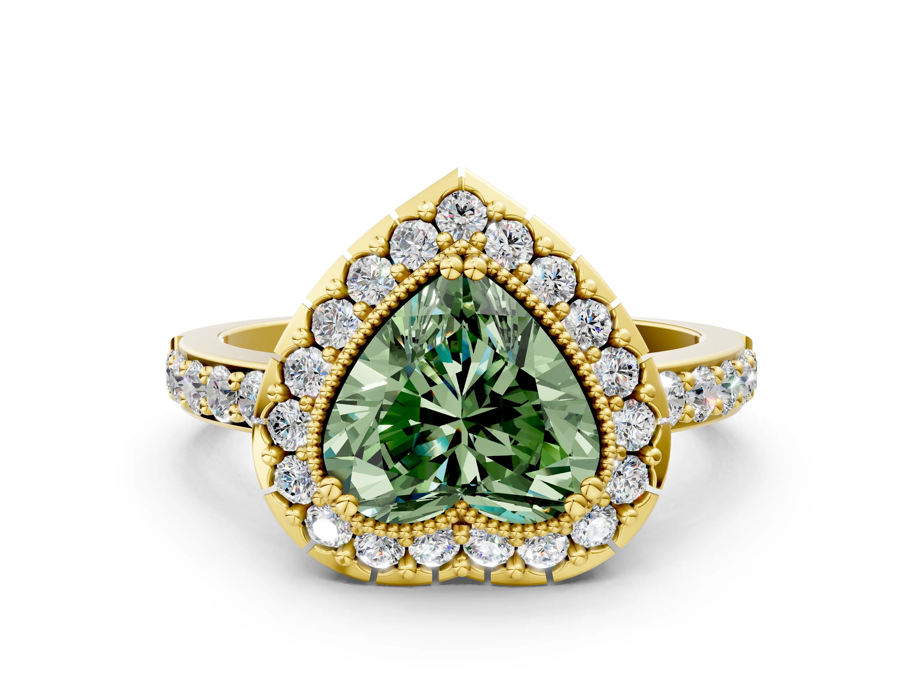 Yellow gold Fancy Green Heart Cut Diamond Halo Ring with Pavé Band and Prong Setting