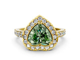 Yellow gold Fancy Green Heart Cut Diamond Halo Ring with Pavé Band and Prong Setting