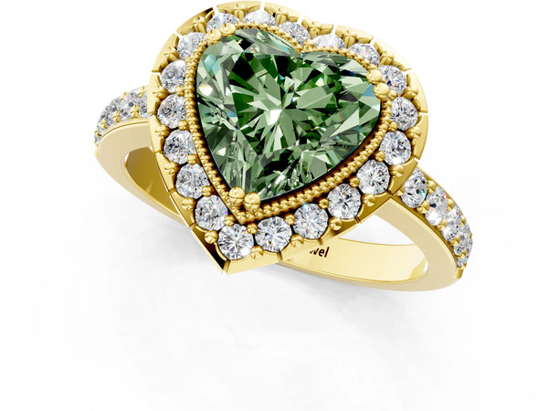 Yellow gold Fancy Green Heart Cut Diamond Halo Ring with Pavé Band and Prong Setting