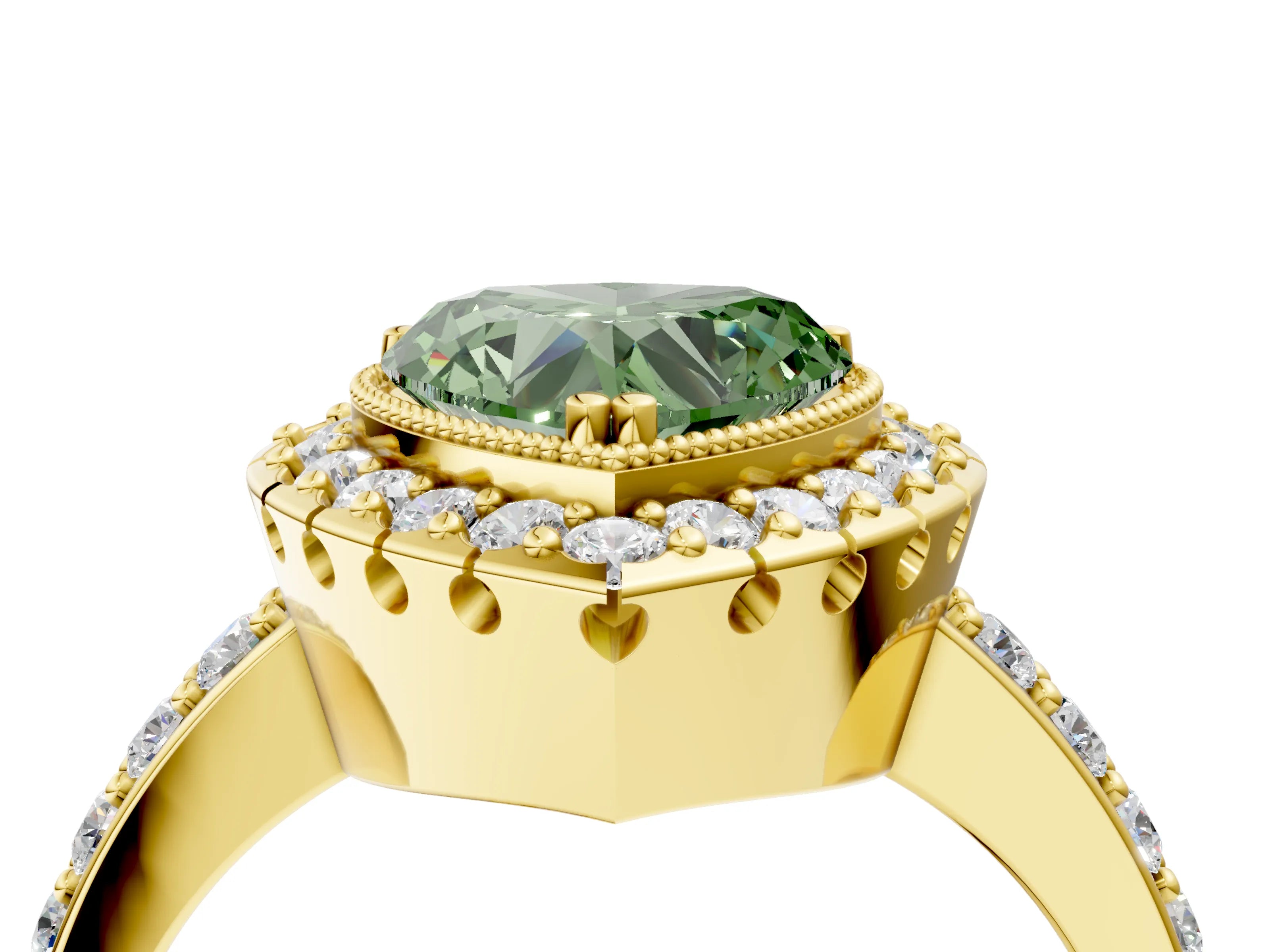 Yellow gold Fancy Green Heart Cut Diamond Halo Ring with Pavé Band and Prong Setting_4