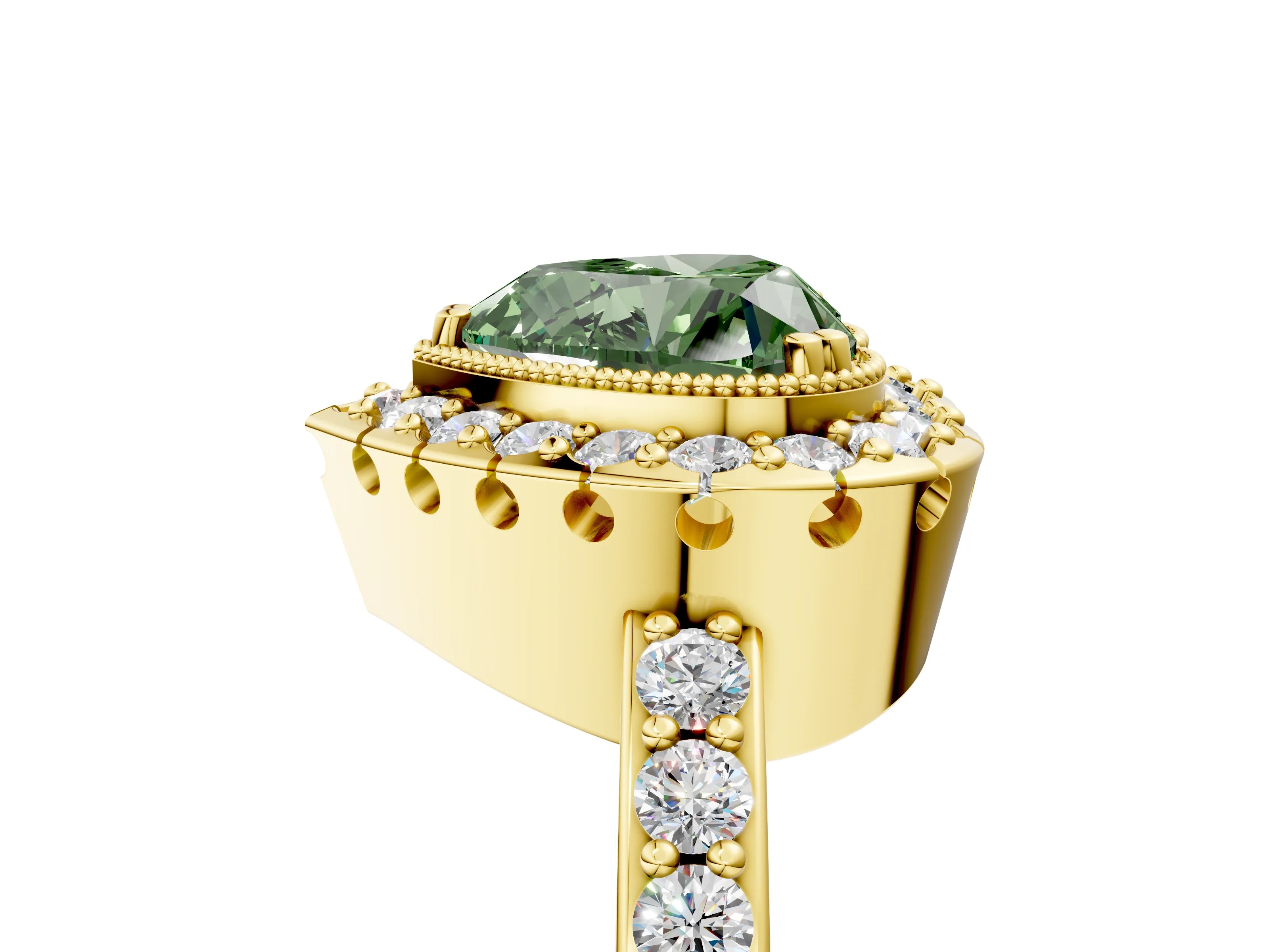 Yellow gold Fancy Green Heart Cut Diamond Halo Ring with Pavé Band and Prong Setting_5