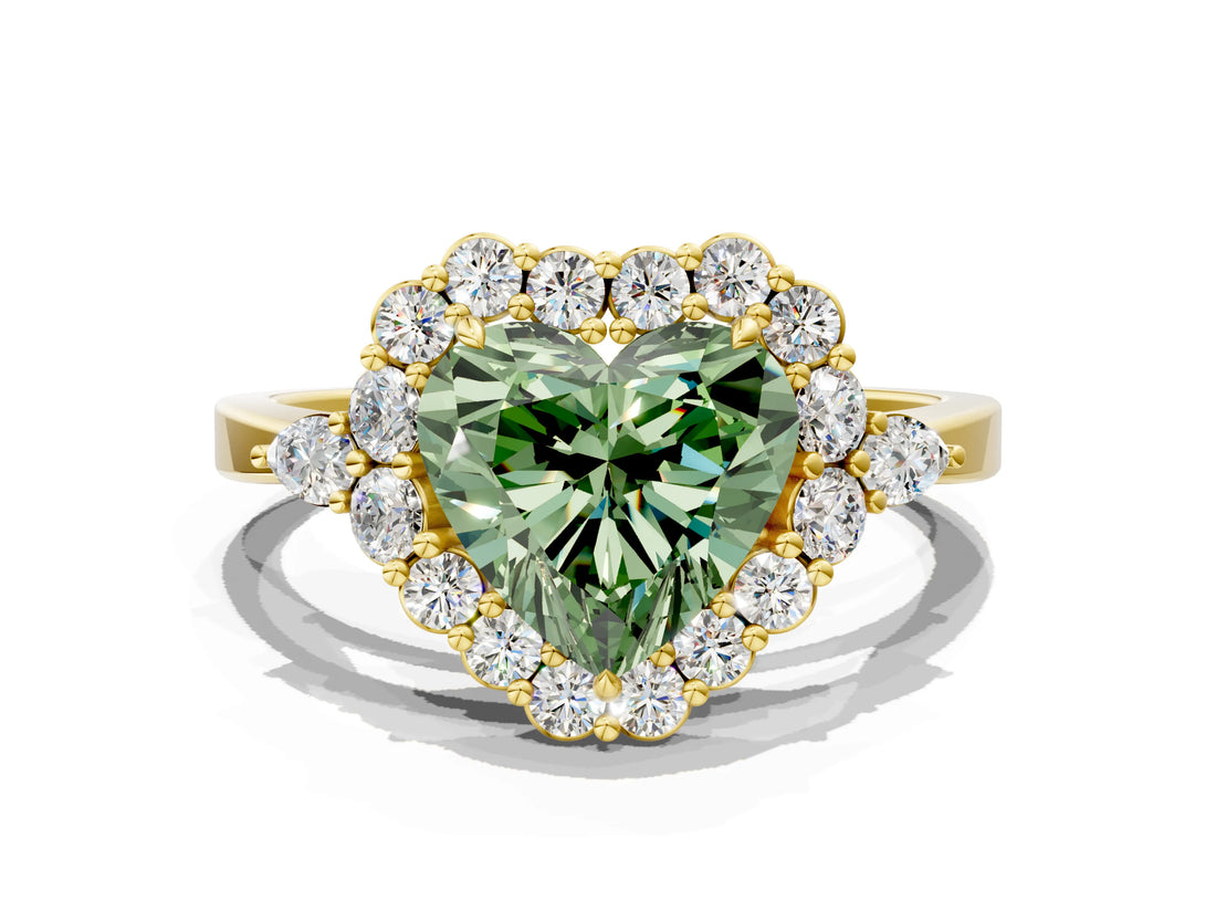 Yellow gold Fancy Green Heart Cut Diamond Halo Ring with Pear Side Stones and Prong Setting_17