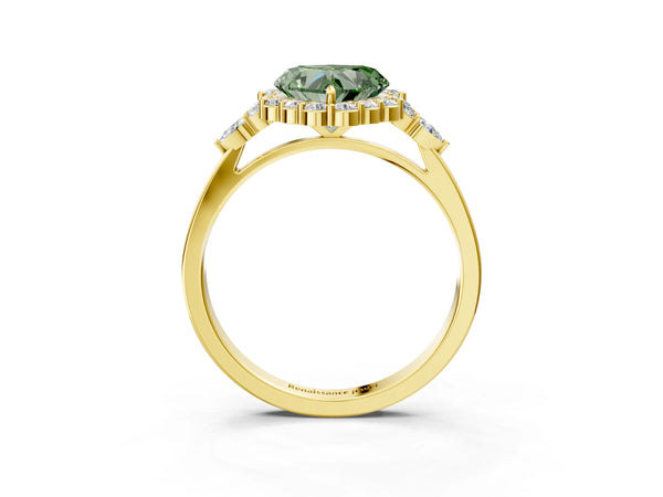 Yellow Gold Heart-Shaped Halo Engagement Ring Setting for Fancy Green Center with Pear Accents