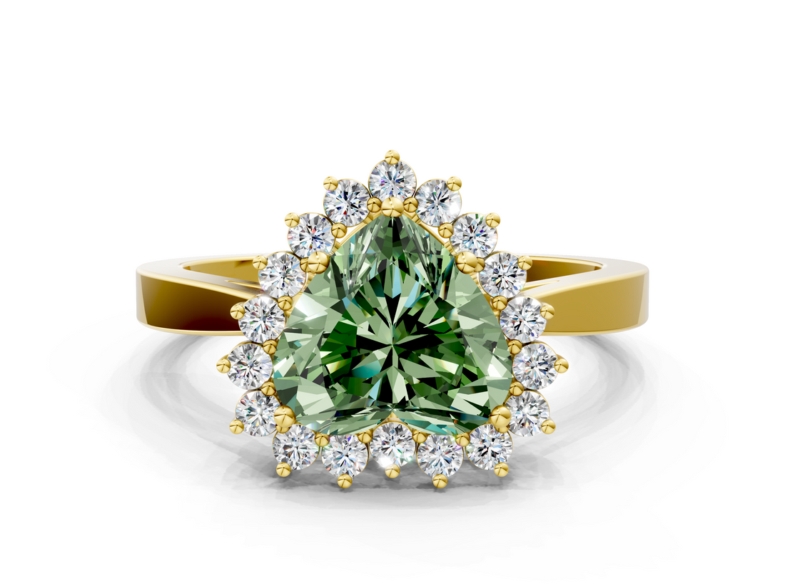 Yellow gold Fancy Green Heart  Cut Diamond Halo Ring with Round Brilliant Halo and Solitaire Band