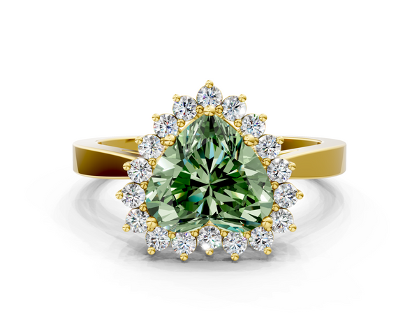 Yellow gold Fancy Green Heart  Cut Diamond Halo Ring with Round Brilliant Halo and Solitaire Band