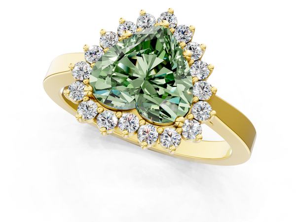 Yellow gold Fancy Green Heart  Cut Diamond Halo Ring with Round Brilliant Halo and Solitaire Band