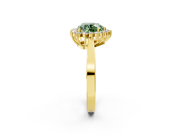 Yellow gold Fancy Green Heart  Cut Diamond Halo Ring with Round Brilliant Halo and Solitaire Band