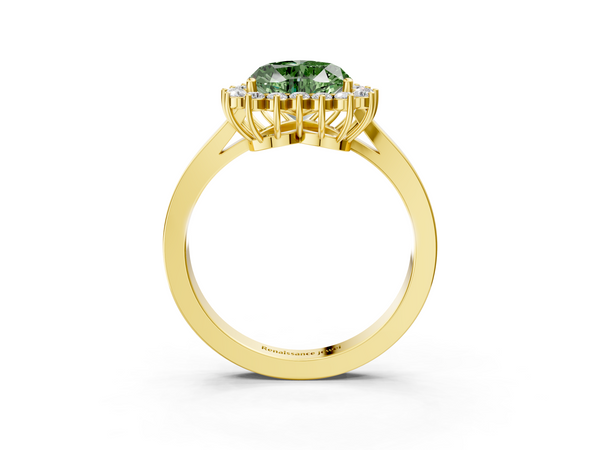 Yellow gold Fancy Green Heart  Cut Diamond Halo Ring with Round Brilliant Halo and Solitaire Band