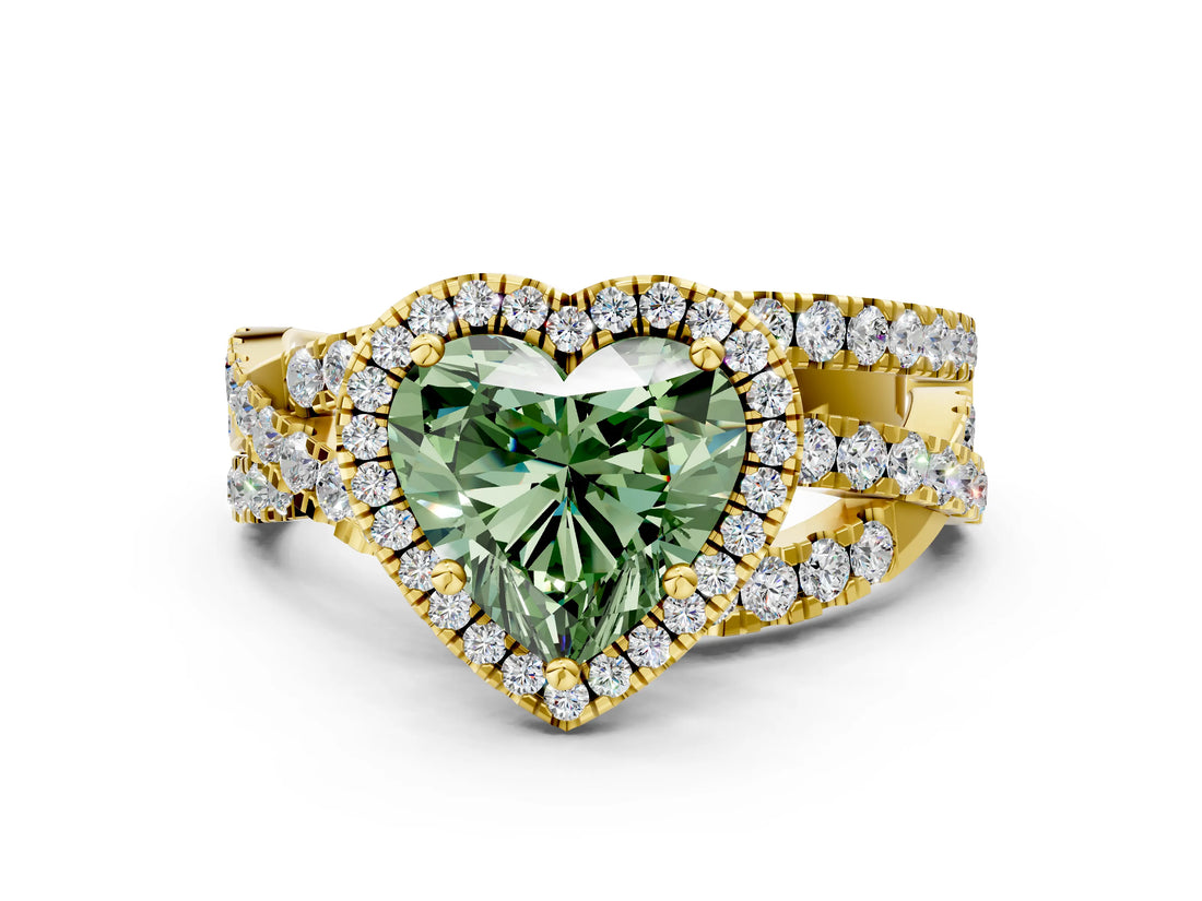 Yellow gold Fancy Green Heart Cut Diamond Halo Ring with Round Split Shank and Prong Setting_36