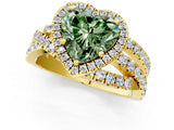 Yellow gold Fancy Green Heart Cut Diamond Halo Ring with Round Split Shank and Prong Setting_37