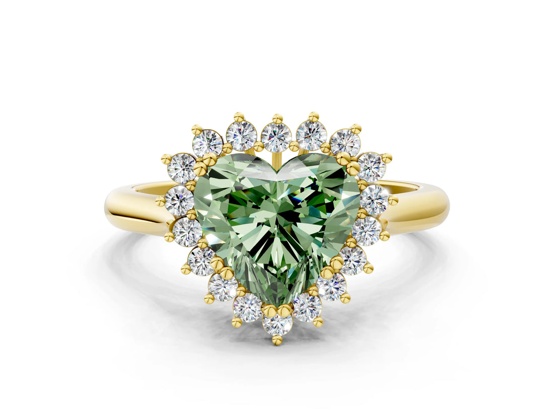 Yellow gold Fancy Green Heart  Cut Diamond Halo Ring with Solitaire Band and Prong Setting_29