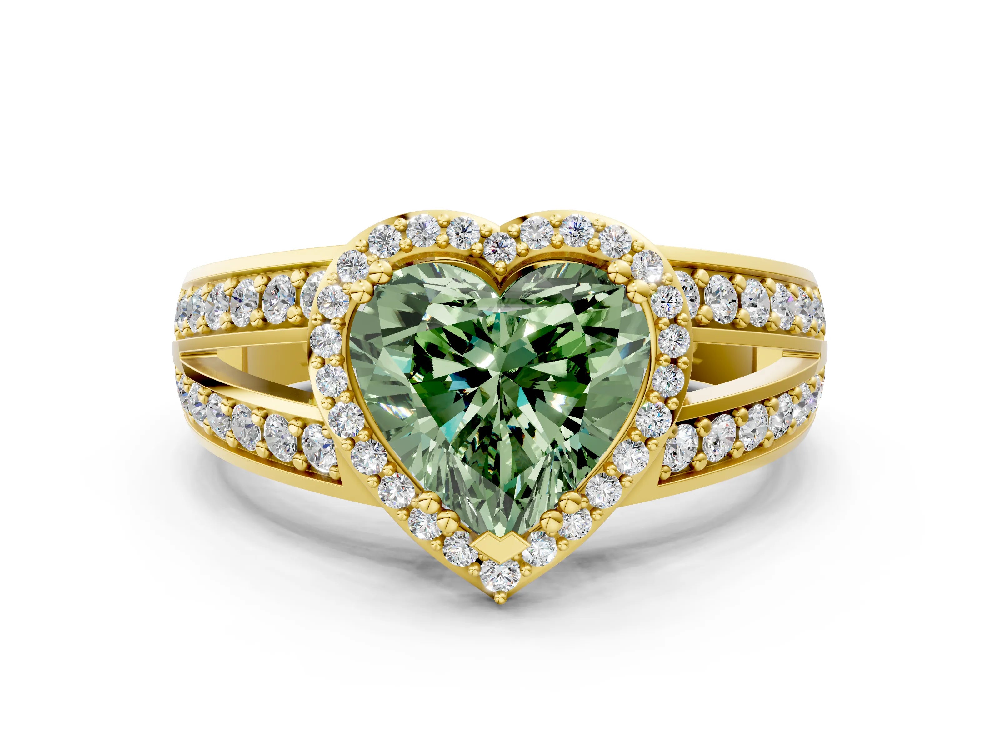 Yellow gold Fancy Green Heart Cut Diamond Halo Ring with Split Shank Pavé Band and Four-Prong Setting
