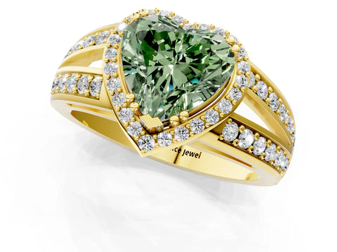Yellow gold Fancy Green Heart Cut Diamond Halo Ring with Split Shank Pavé Band and Four-Prong Setting_1