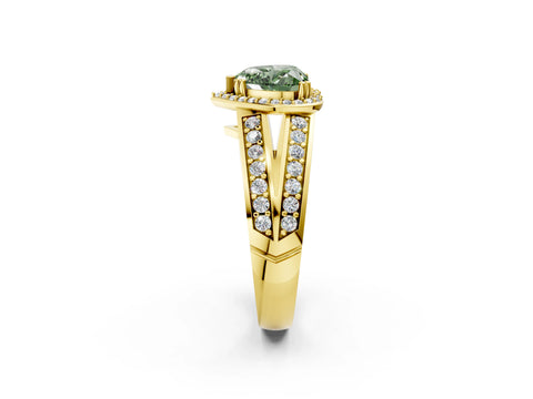 Yellow gold Fancy Green Heart Cut Diamond Halo Ring with Split Shank Pavé Band and Four-Prong Setting_2