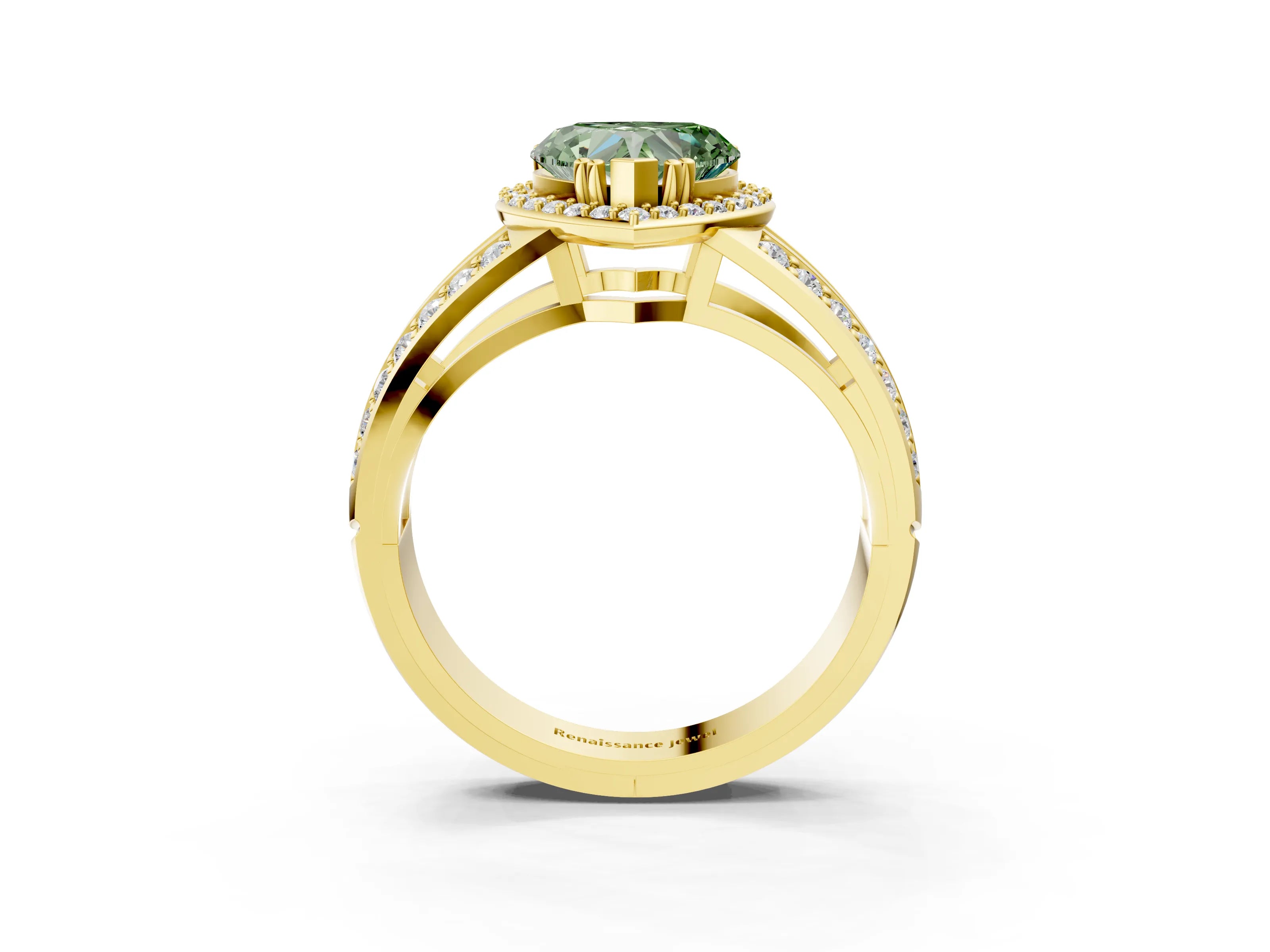 Yellow gold Fancy Green Heart Cut Diamond Halo Ring with Split Shank Pavé Band and Four-Prong Setting_3