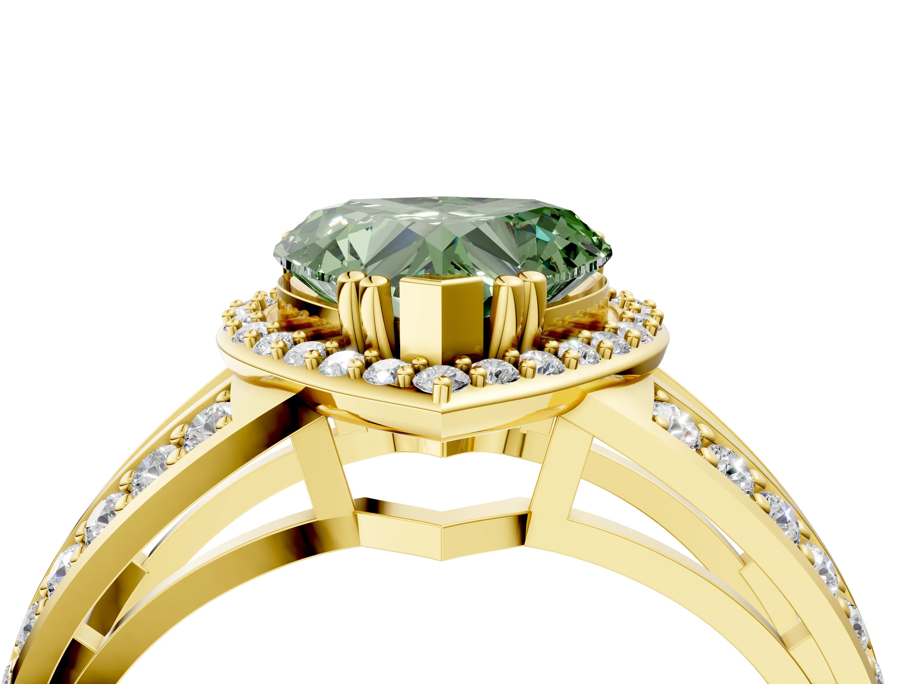 Yellow gold Fancy Green Heart Cut Diamond Halo Ring with Split Shank Pavé Band and Four-Prong Setting_4