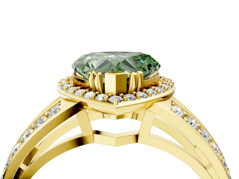 Yellow gold Fancy Green Heart Cut Diamond Halo Ring with Split Shank Pavé Band and Four-Prong Setting_4