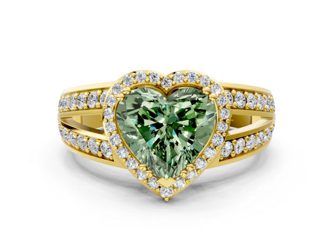 Yellow gold Fancy Green Heart Cut Diamond Halo Ring with Split Shank Pavé Band and Four-Prong Setting
