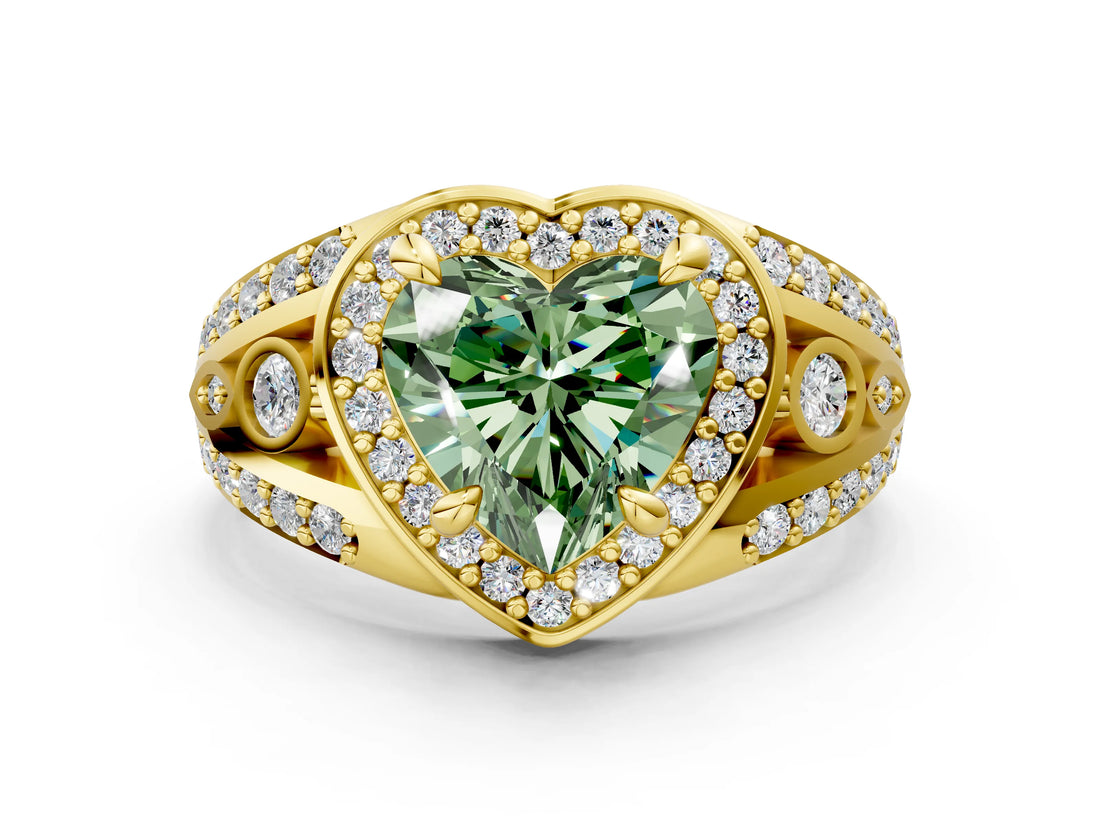 Yellow gold Fancy Green Heart Cut Diamond Halo Ring with Split Shank and Bezel Accents and Four-Prong Setting