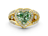 Yellow gold Fancy Green Heart Cut Diamond Halo Ring with Split Shank and Bezel Accents and Four-Prong Setting
