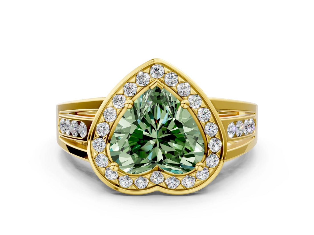 Yellow gold Fancy Green Heart Cut Diamond Halo Ring with Split Shank and Bezel Accents and Prong Setting