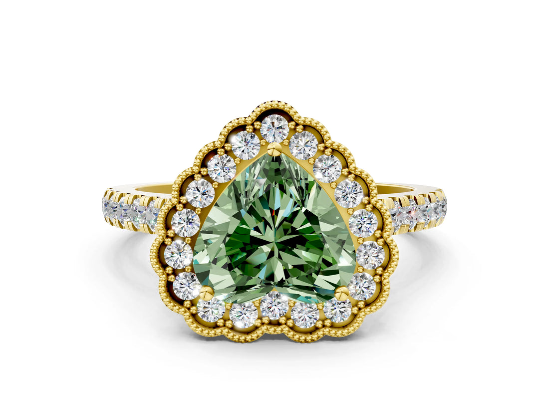 Yellow gold Fancy Green Heart  Cut Diamond Milgrain Floral Halo Engagement Ring with Pavé Band_39