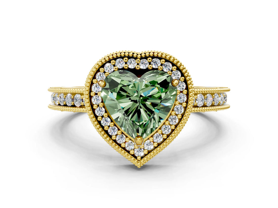 Yellow gold Fancy Green Heart Cut Diamond Milgrain Halo Engagement Ring with Round Pavé Band and Prong Setting_29