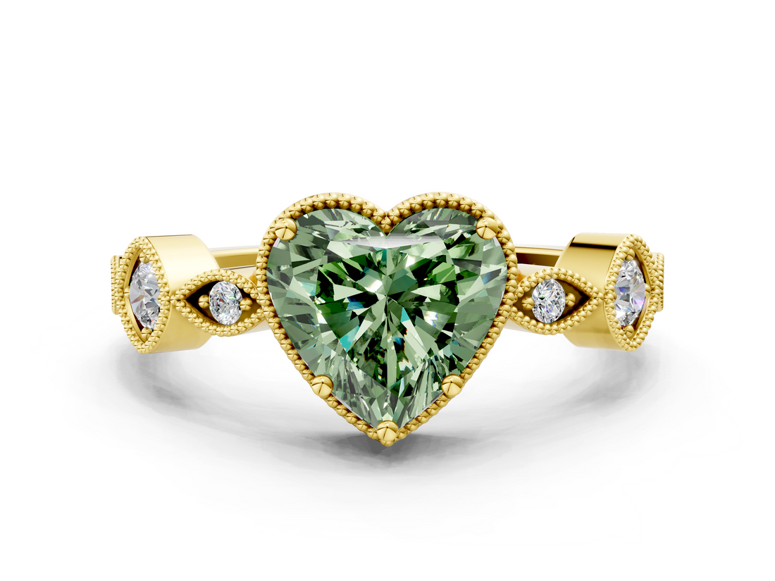 Yellow gold Fancy Green Heart  Cut Diamond Milgrain Marquise Band with Prong Setting_3