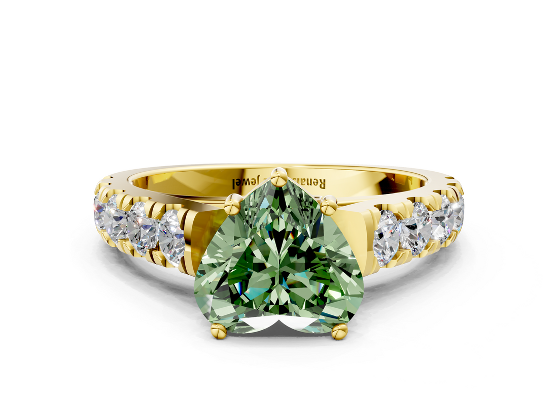 Yellow gold Fancy Green Heart  Cut Diamond Pavé Band Solitaire with Four-Prong Setting_3