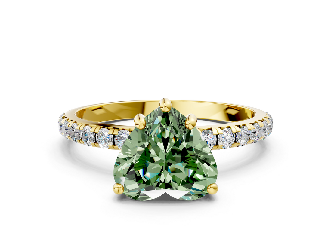 Yellow gold Fancy Green Heart  Cut Diamond Pavé Band Solitaire with Four-Prong Setting_3