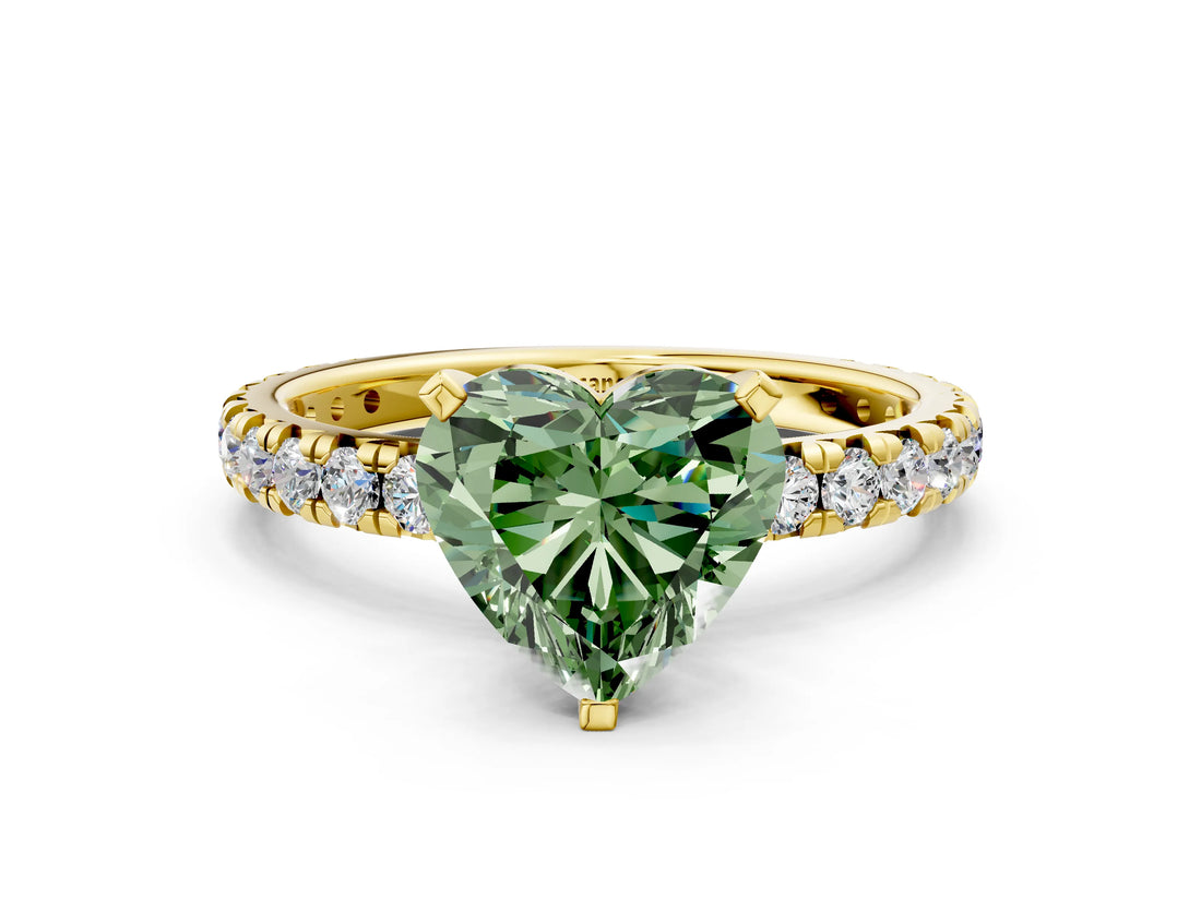 Yellow gold Fancy Green Heart Cut Diamond Pavé Solitaire Ring with Round Band and Prong Setting_12